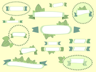 Vector green ribbons set. Elements isolated on yellow background. 14 light and bright colored ribbons for text, banners with leaves, plant elements in frames