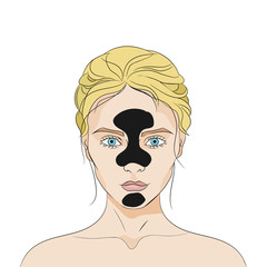 Beautiful woman face with black cosmetic mask on white background