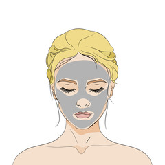 Beautiful woman face with closed eyes and a grey cosmetic mask on white background