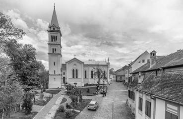 Black and white view of the Roman Catholic Church Sf. Iosif, Citadel, Sighisoara, Romania