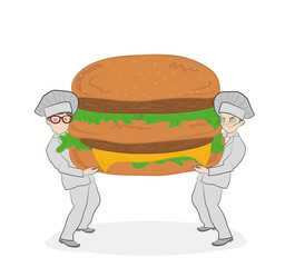 Two cooks are holding a hamburger. Hand drawn cartoon vector illustration for design and infographics.
