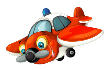 cartoon happy traditional fire fighting plane with propeller smiling and flying