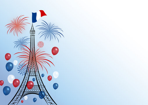 Vector 14 july bastille day design of eiffel with firework and balloon