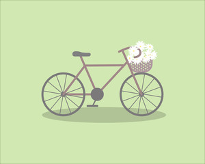 Pretty scenery in a rustic style. A purple bike and a basket of the daisies. Light green background. A vector illustration 