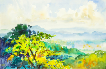 Fototapeta na wymiar Watercolor original painting landscape and beautiful cloud in the sky background