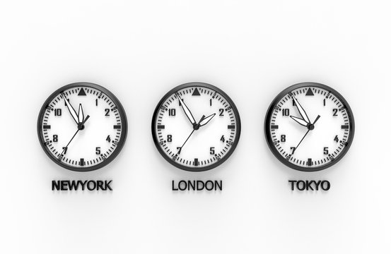 3d illustration of New York London and tokyo time clock