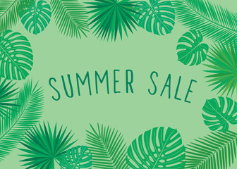 Fototapeta na wymiar Summer sale. Promotional poster with green tropical leaves. Vector.
