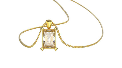 3D illustration isolated yellow gold diamond necklace on chain