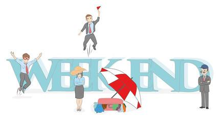 Sketch of little people with a big word "weekend". Hand drawn cartoon vector illustration for design and infographics.