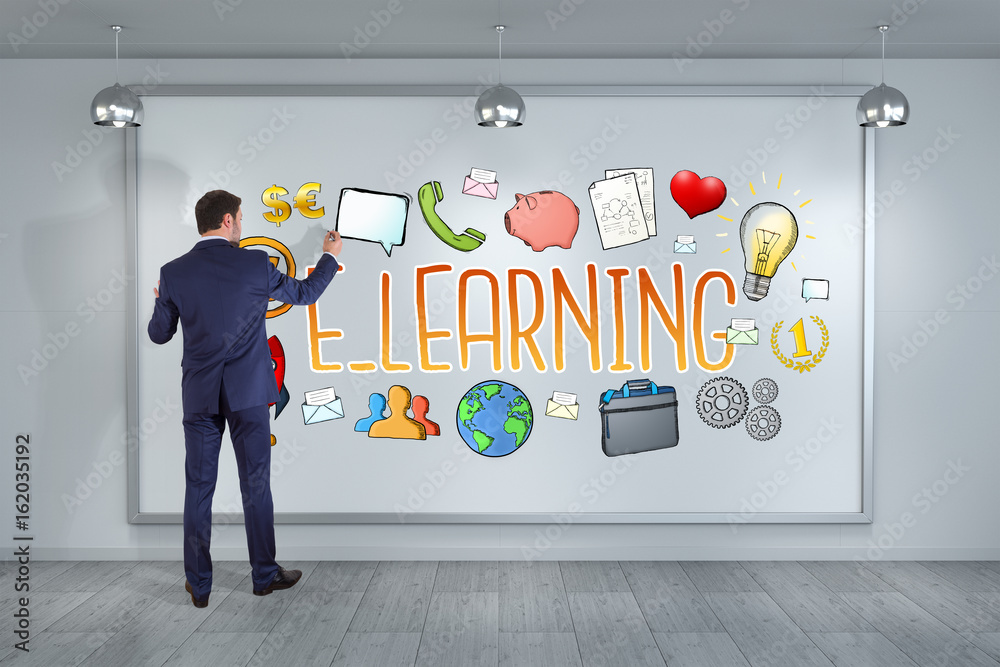 Poster businessman drawing e-learning sketch on a board 3d rendering