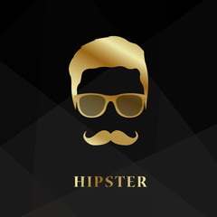 Golden silhouette face hipster on black background. Vector illustration.