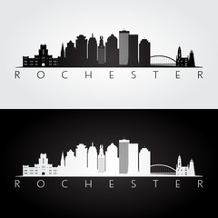 Rochester USA skyline and landmarks silhouette, black and white design, vector illustration. - obrazy, fototapety, plakaty
