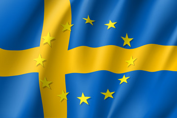 Sweden national flag with a circle of European Union twelve gold stars, symbol of unity with EU, member since 1 January 1995. Realistic vector style illustration