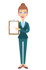 Businesswoman pointing at clipboard