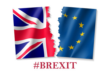 Brexit concept vector illustration. Symbol of Britain exit from European Union. Break between British and EU waving flags. Separation and crisis sign.