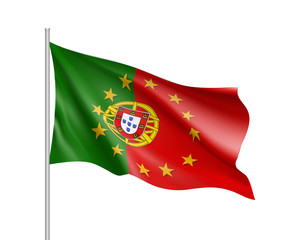 Portugal national waving flag with a circle of European Union twelve gold stars, symbol of unity with EU, member since 1 January 1986. Realistic vector illustration