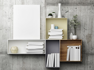 White mock up poster on bookshelf, 3d illustration © nikolarakic