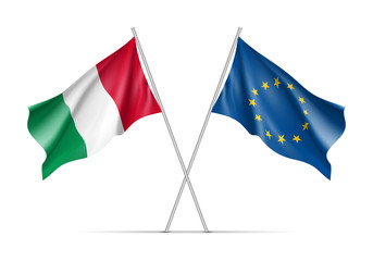 Italy and European Union waving flags on flagpole. EU sign with twelve gold stars on blue and Italy national symbol green, white and red colors. Two flags isolated on white background