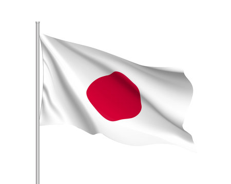 Waving flag of Japan. Illustration of Asian country flag on flagpole. Vector 3d icon isolated on white background