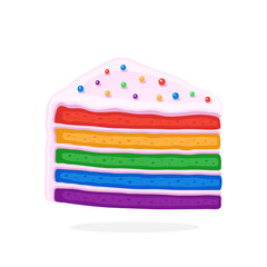 Vector illustration in cartoon style. А piece of rainbow cake with glaze cream and colored sugar dragees. Decoration for menus, signboards, showcases, prints for clothes, posters, wallpapers