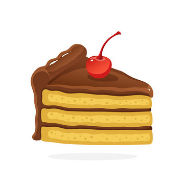 Vector illustration in cartoon style. А piece of cake with chocolate cream and cherry. Decoration for menus, signboards, showcases, prints for clothes, posters, wallpapers