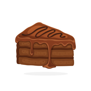 Vector illustration in cartoon style. А piece of cake with chocolate glaze cream and fondant. Decoration for menus, signboards, showcases, prints for clothes, posters, wallpapers