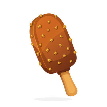 Vector illustration in cartoon style. Ice cream choc-ice with nuts. Ice lolly with chocolate glaze. Decoration for menus, signboards, showcases, prints for clothes, posters, wallpapers