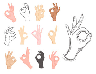 Fototapeta premium Ok hands success gesture okey yes agreement signal business human agree best approval vector.