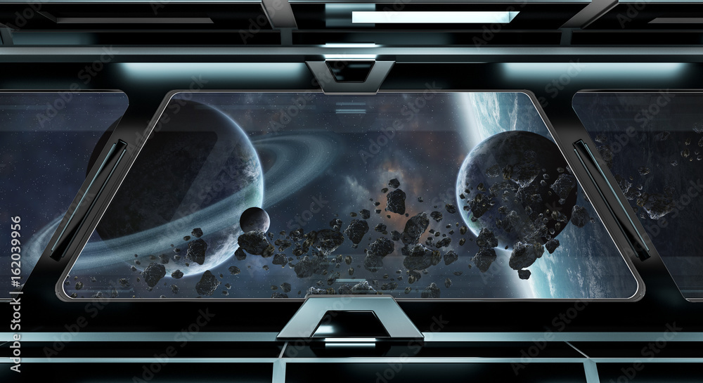 Wall mural spaceship corridor with view on distant planets system 3d rendering elements of this image furnished
