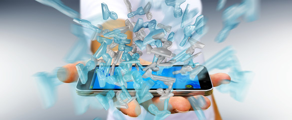 Businessman with shiny glass avatar group over phone 3D rendering