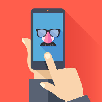 VPN app, anonymous proxy. Hand holds smartphone, disguise mask on screen, finger touches screen. Anonymity on internet, online privacy, anonymous browsing, proxy browser concept. Vector illustration
