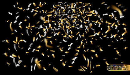 Gold and silver confetti. Vector festive illustration of a falling shiny confetti glitters isolated on a transparent checkered background.