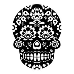 Mexican sugar skull, Halloween skull with flowers - Polish folk art Wycinanki style 