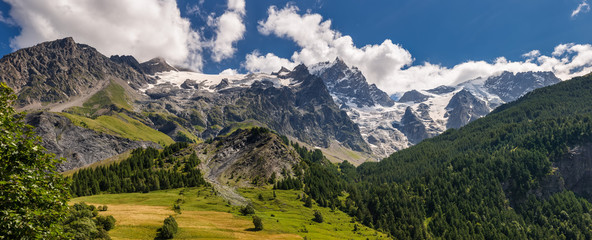 Panoramic Summer view of the mountains and glaciers in Ecrins National Park (La Meije, Glacier du...