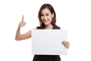 Young Asian woman show thumbs up with  white blank sign.