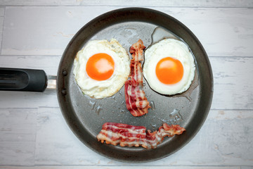 Top view on pan with fried egg