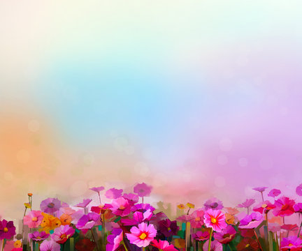 Abstract colorful oil painting red, pink cosmos flower, daisy, wildflower in field. Blurry  wildflowers at meadow with soft blue sky. Spring, summer season nature background.