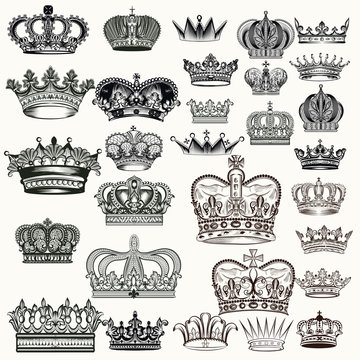 Mega set of hand drawn crowns in vintage engraved style