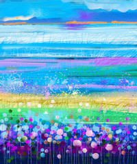 Plakaty  Obraz olejny kwiaty mniszka lekarskiego, chaber, stokrotka na polach. Krajobraz łąka światło słoneczne z wildflower, niebo w kolorze pomarańczowym i niebieskim tle. Ręcznie malowany letni kwiatowy styl impresjonistyczny