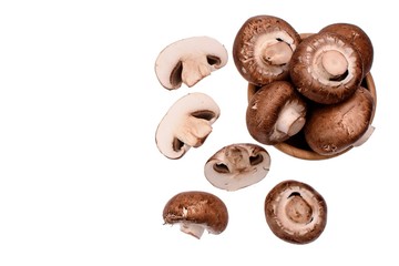 Gray mushrooms champignons lie in a wooden cup, isolated on a white background