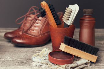 Polish cream and brushes for shoes