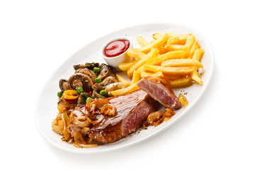 Grilled beef steak with french fries on white background 