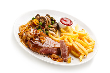 Grilled beef steak with french fries on white background 