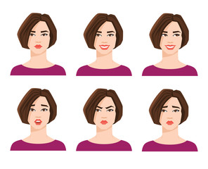 Collection of woman's emotions. Vector illustration of variations of facial expression. 