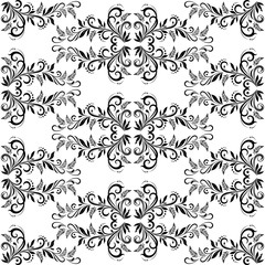 Fototapeta premium Seamless Tile Symbolical Floral Vintage Pattern, Black Contours Isolated on White Background. Vector