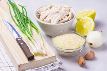  Ingredients for lemon chicken soup with rice or orzo. 