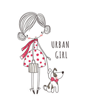 Urban girl with dog. Fashion illustration for clothing
