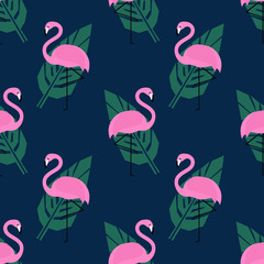 Naklejka premium Tropical trendy seamless pattern with pink flamingos and green palm leaves on dark blue background. Exotic Hawaii art background. Design for fabric and decor.