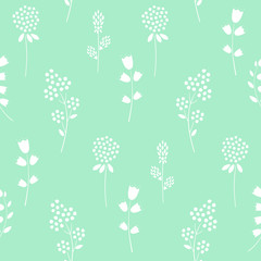 Floral pattern on mint green background. Cute spring white flowers seamless background - campanula, clover, lilac. Decorative flowers texture. Fashion design for fabric, wallpaper, textile and decor.