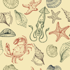 Seashells, starfish, сrab, squid. Sea food. Hand drawn sketch. Colorful vector seamless pattern. It can be used for textile, wrapping paper, menu design and invitations.